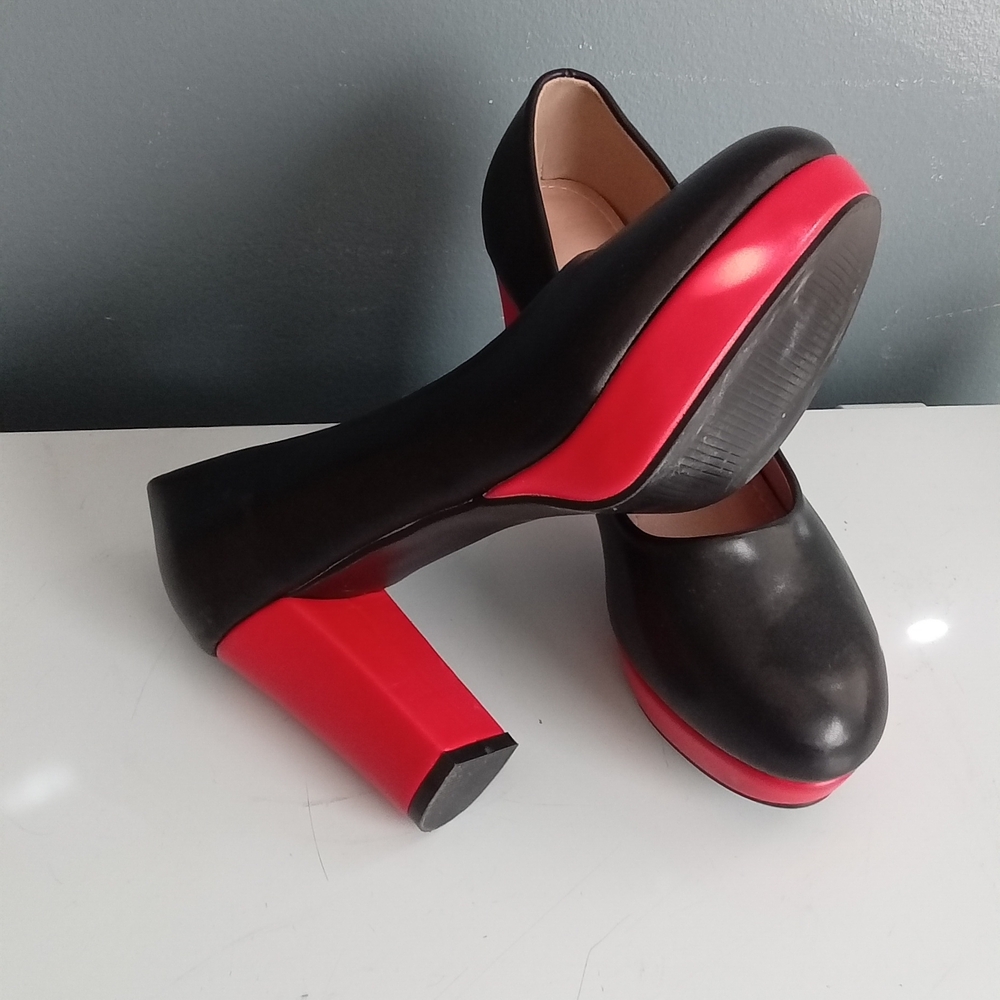 Black and Red Platform Block Heel Pumps Round Toe Two Tone Dress Shoes - Picture 4 of 8